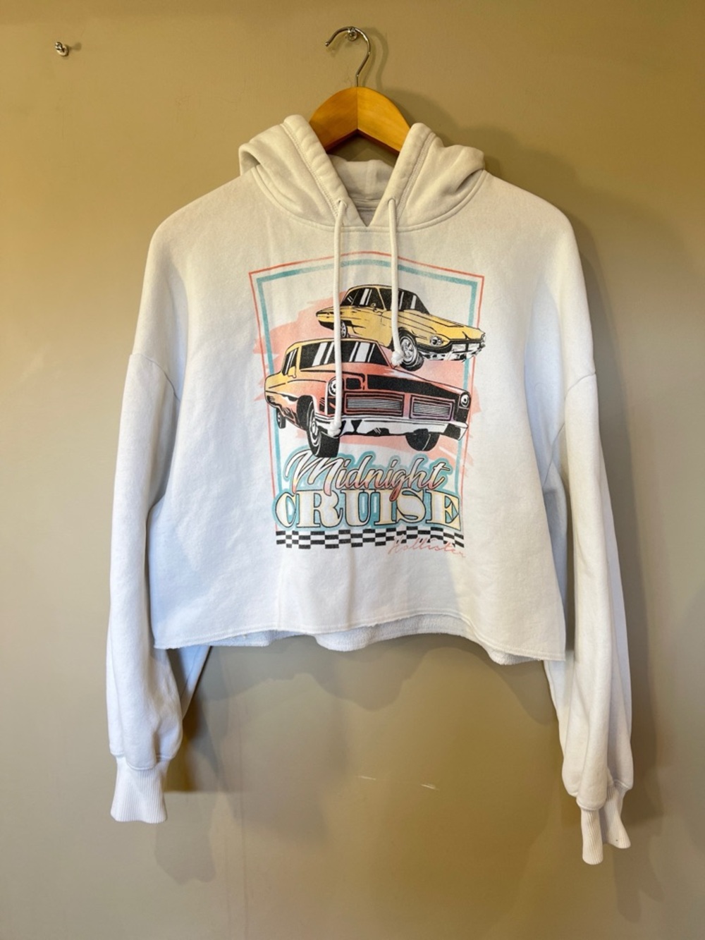 Hollister White Cropped 'Midnight Cruise' Graphic Hoodie